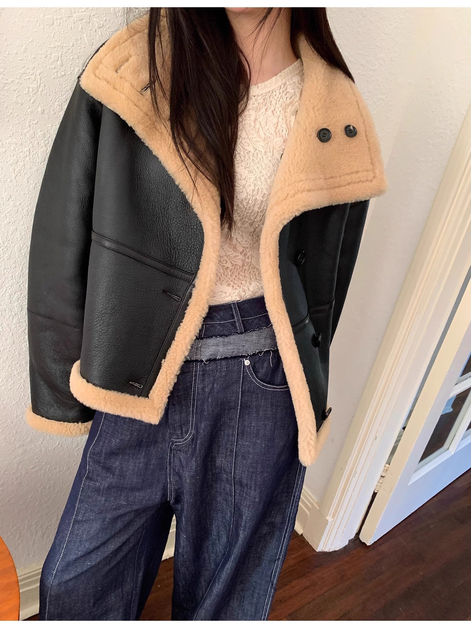 "Corner Coffee" Merino Wool Sheepskin Stand-Up Collar