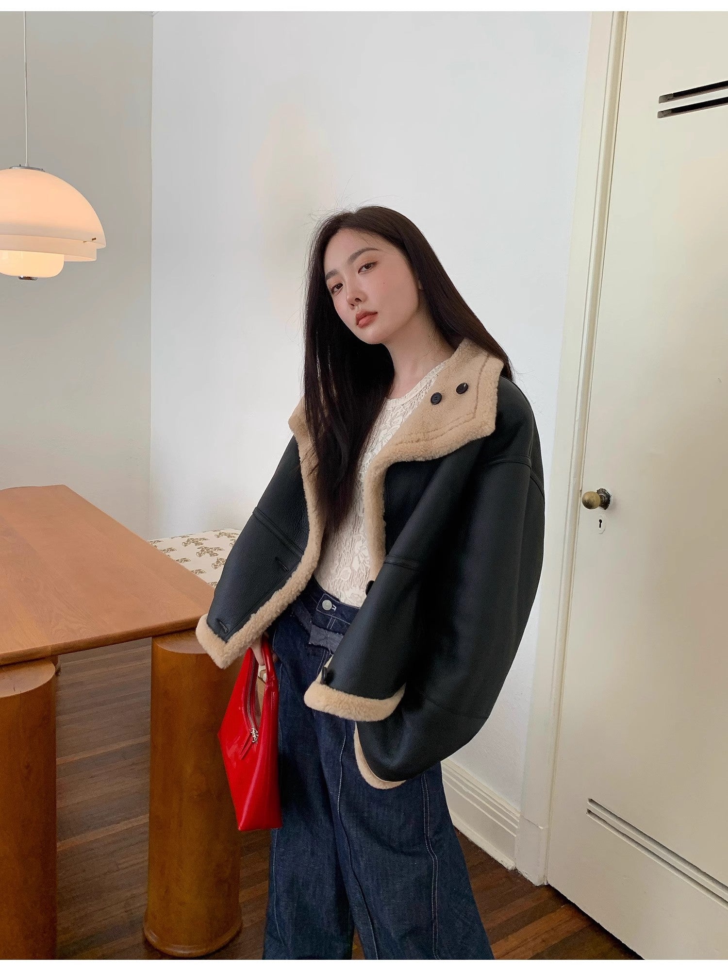 "Corner Coffee" Merino Wool Sheepskin Stand-Up Collar