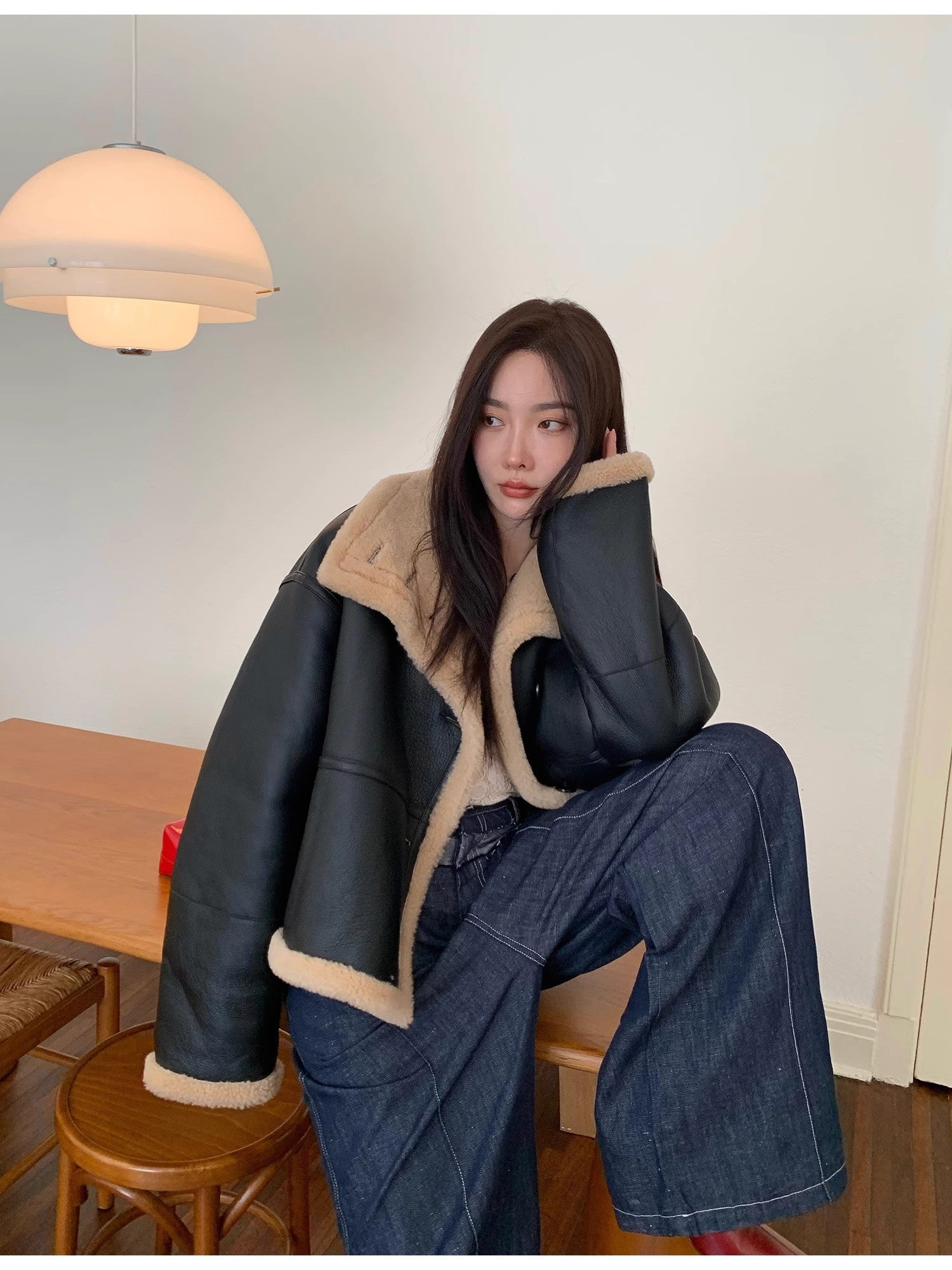 "Corner Coffee" Merino Wool Sheepskin Stand-Up Collar