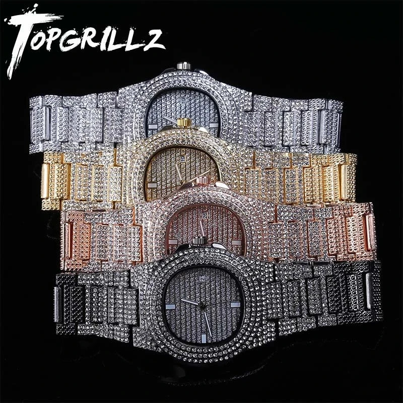 TOPGRILLZ Brand Iced Watch Quartz Gold Color HIP HOP Watches With Micropave CZ Stainless Steel Watch Clock Relogio