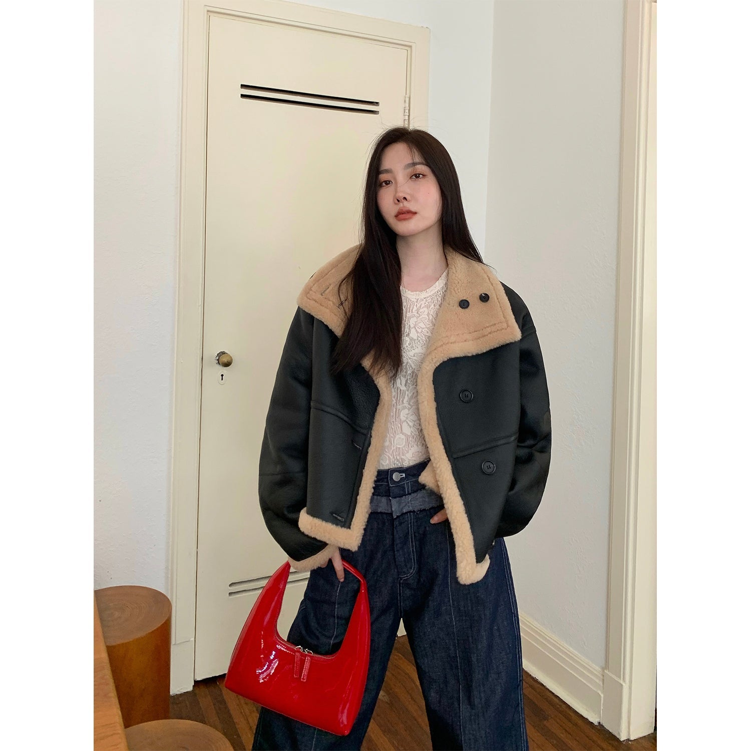 "Corner Coffee" Merino Wool Sheepskin Stand-Up Collar